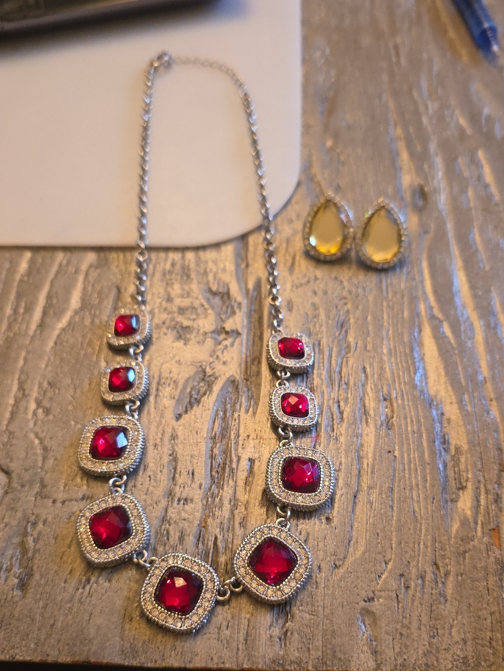 Ever New Silver-Tone Necklace with Deep Red Cushion Stones